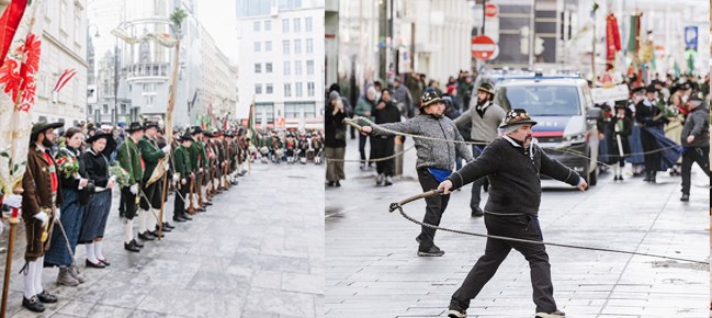 Salut der Schützen und Goaslschnöller beim Festmarsch